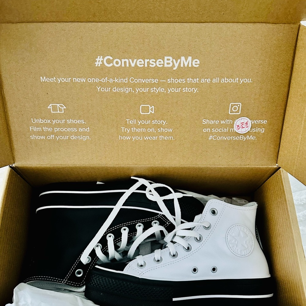 Brand new in box never worn custom black and white leather platform Converse❤️